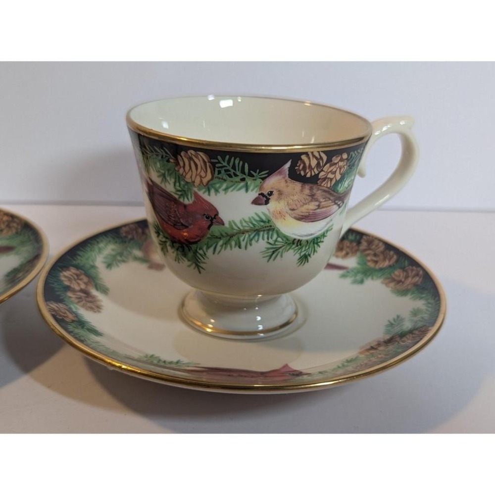 Lenox Birds of America Cardinal Set of 2 Teacups & Saucers 1993 - Picture 5 of 8